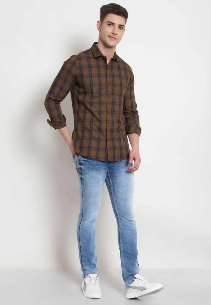 Dark-blue-jeans-matching-rust-_-navy-checks-shirt-709x1024
